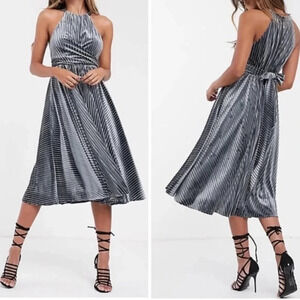 Ted Baker London Cyleste Velvet Halter Striped Tie Wrap Midi Dress Gunmetal Sz 6